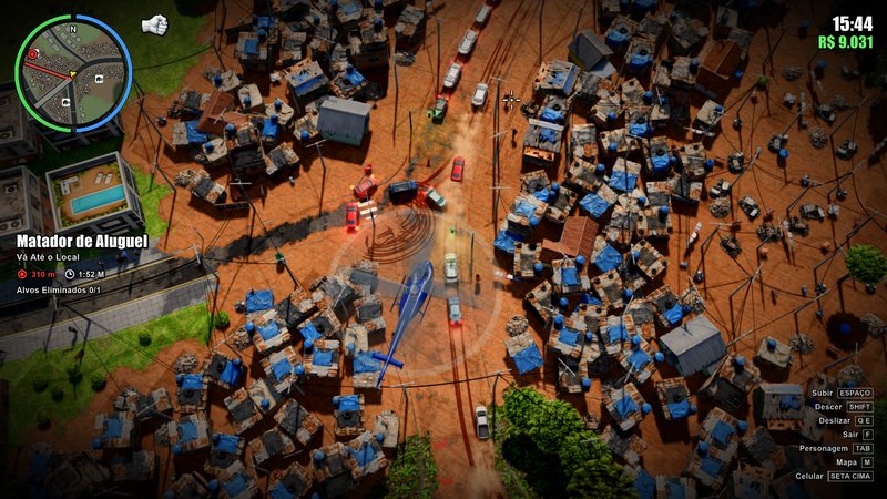 Imagem de C.L.T. mostra veículos entre casas de uma comunidade brasileira vista de cima