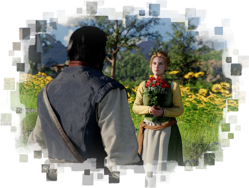 Interação entre personagens em campo florido em Crimson Desert