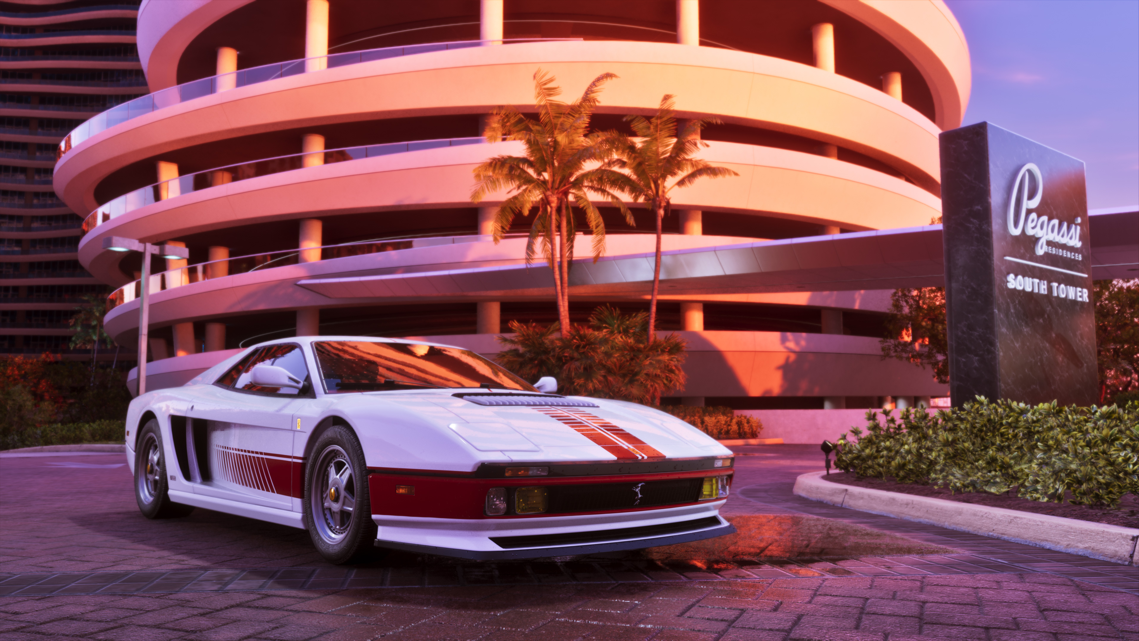 Grotti Cheetah 1995 branca com faixas vermelhas diante de edifício em Vice City
