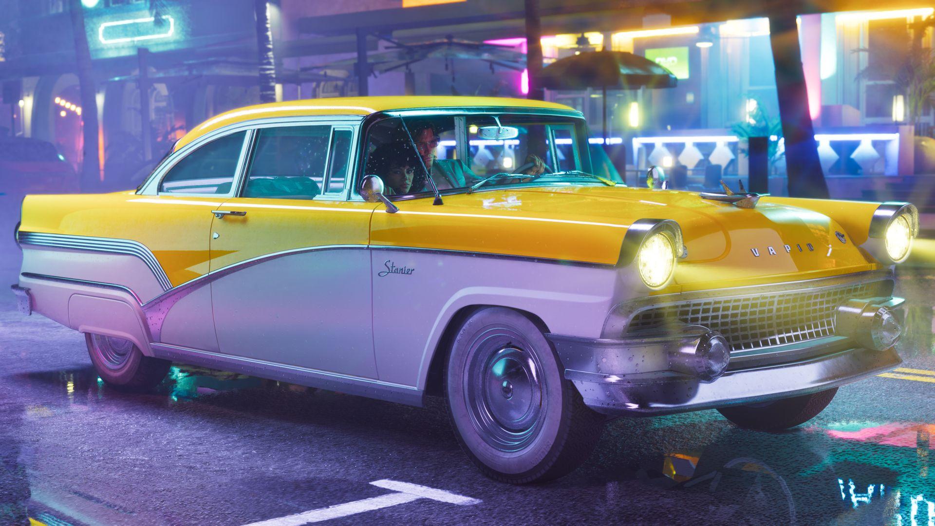 Vapid Stanier 1955 amarela e branca em rua noturna de Vice City com neon