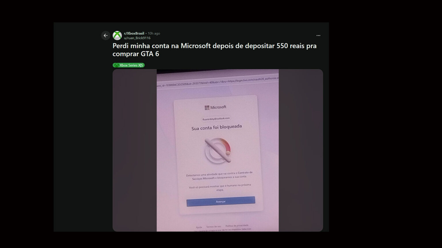Captura do Reddit: tela da Microsoft avisa que a conta do usuário foi bloqueada e pede verificação