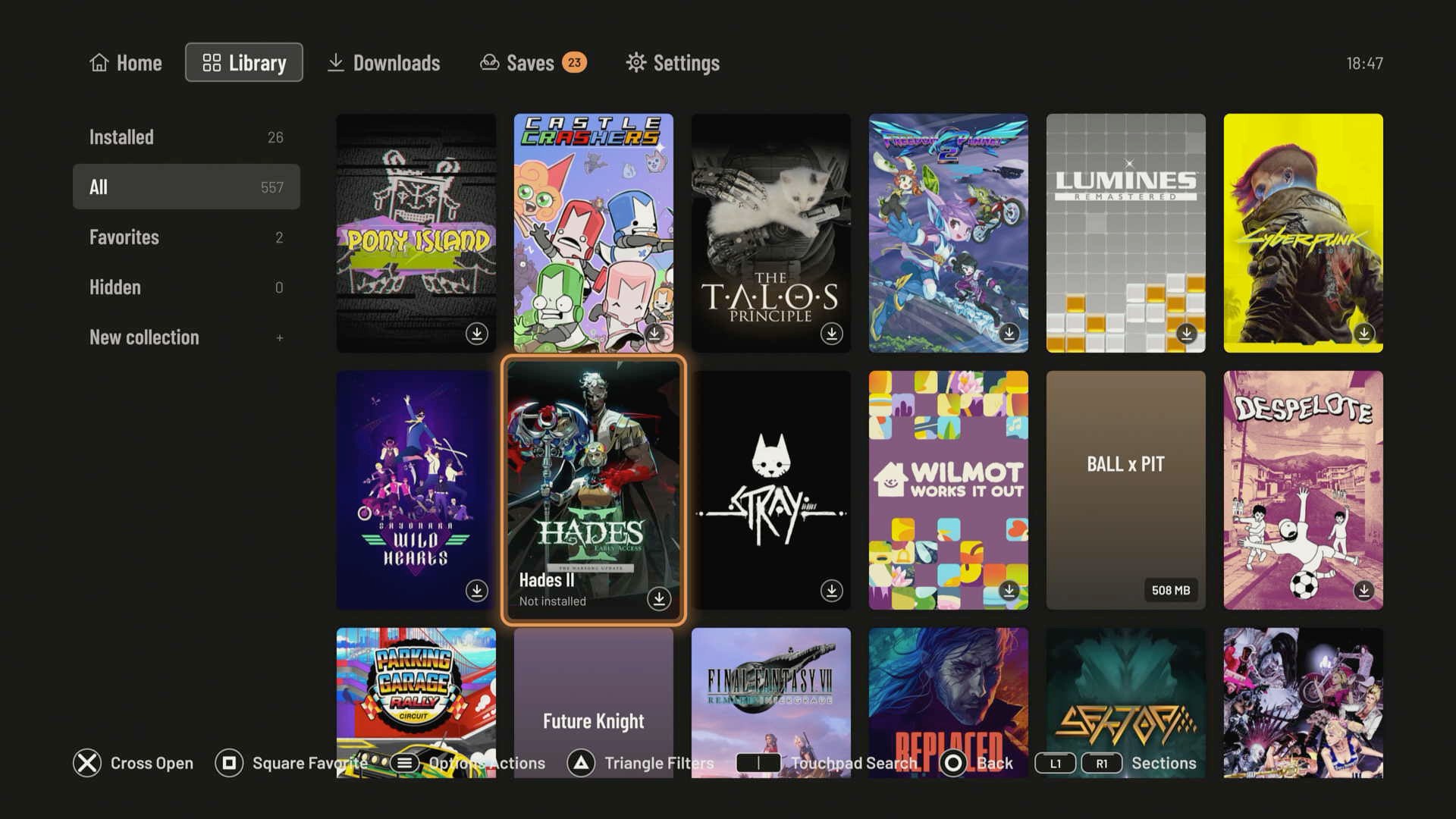 Captura da biblioteca da Steam exibida pelo aplicativo Playden no PS5 desbloqueado