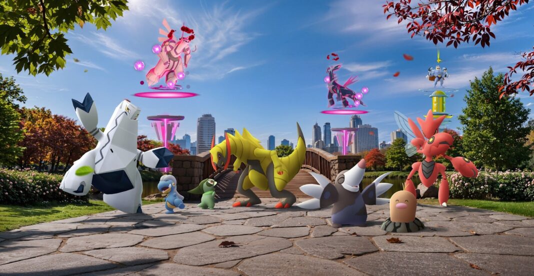 Arte de divulgação da Área Selvagem Global 2026 do Pokémon GO com Pokémon dos tipos Aço e Dragão
